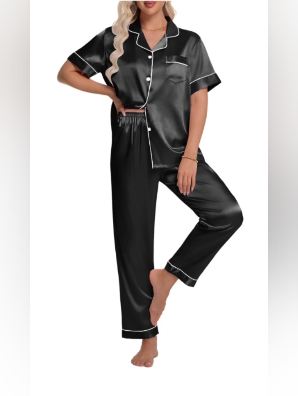 Women's XL Black Silk Satin Pajamas Set